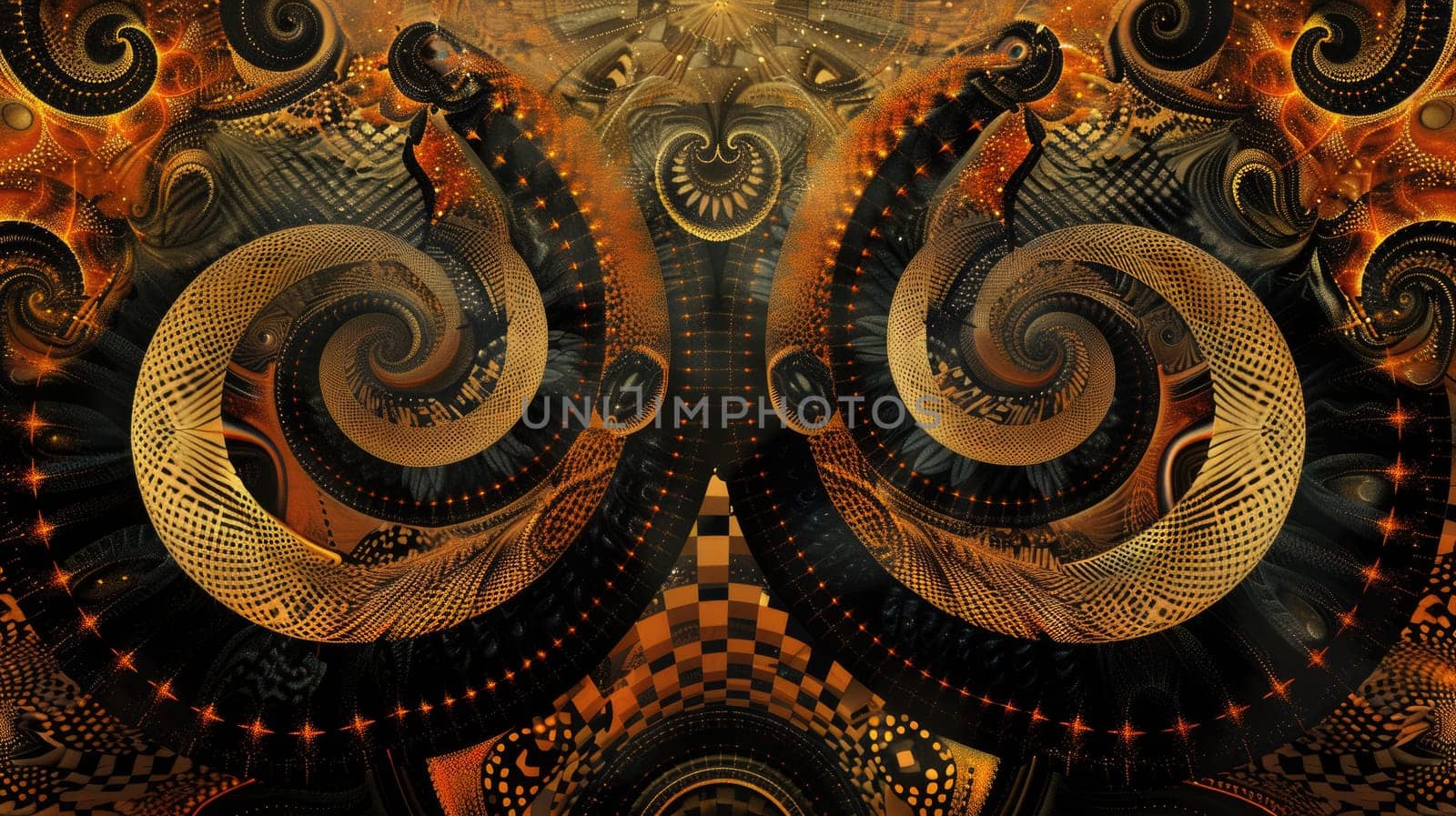 A golden symmetrical fractal pattern with a hint of a face in the center. AIG51A.