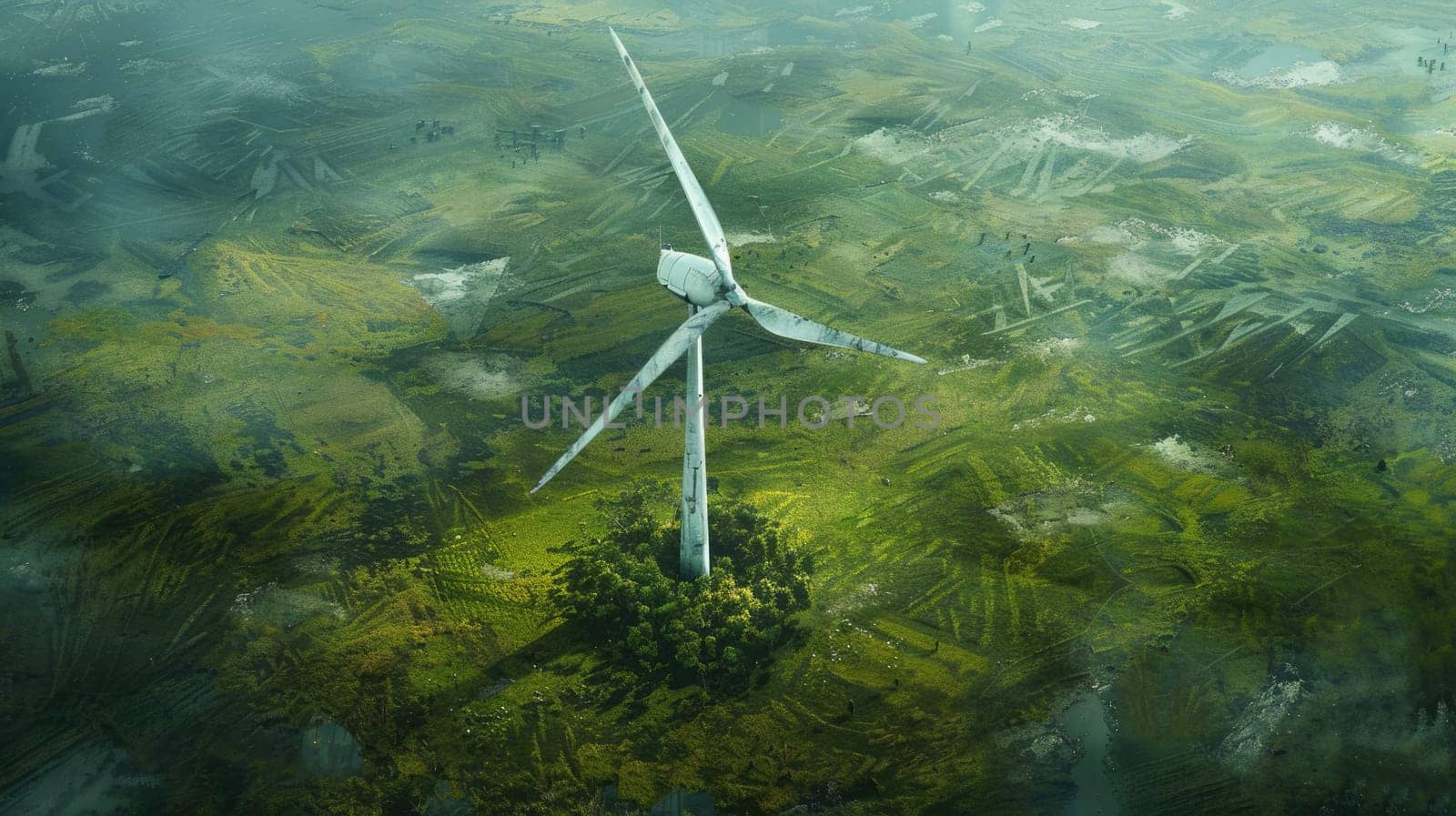 An illustration of a windmill in the middle of a green field with a small clump of trees at its base. AIG51A.