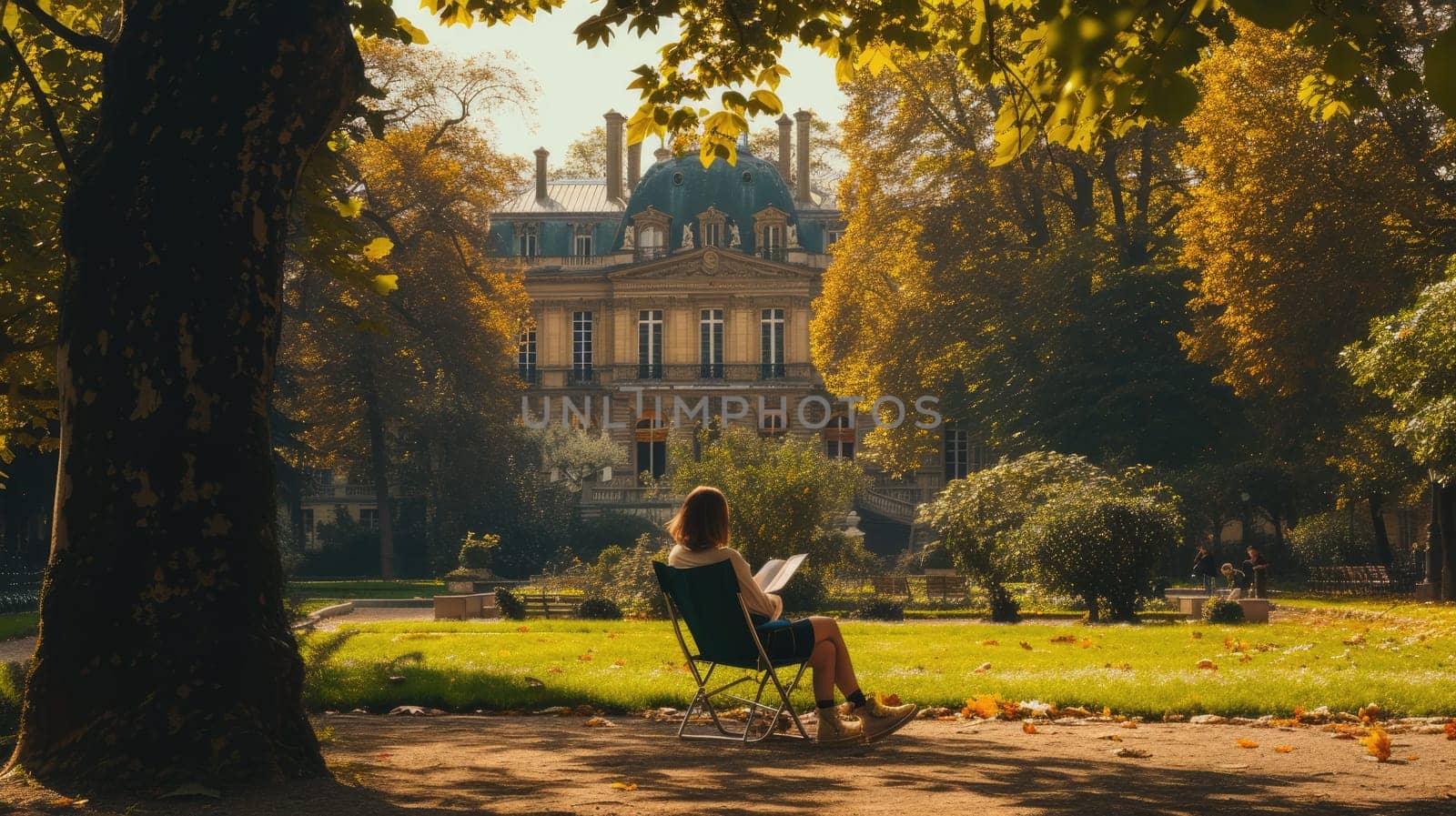 Photography of attractive woman enjoy reading while sitting at green garden with calm. An image of young beautiful happy girl holding a journal and novel while looking and relaxing on chair. AIG42.