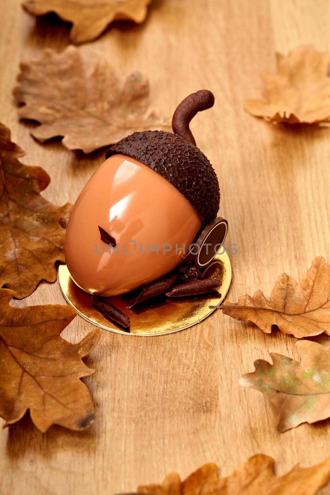Acorn shaped cake in glossy hazelnut praline ganache and dark chocolate cap and stem, served on golden cardboard on wooden table surrounded by dried oak leaves. Bounties of nature in designer desserts