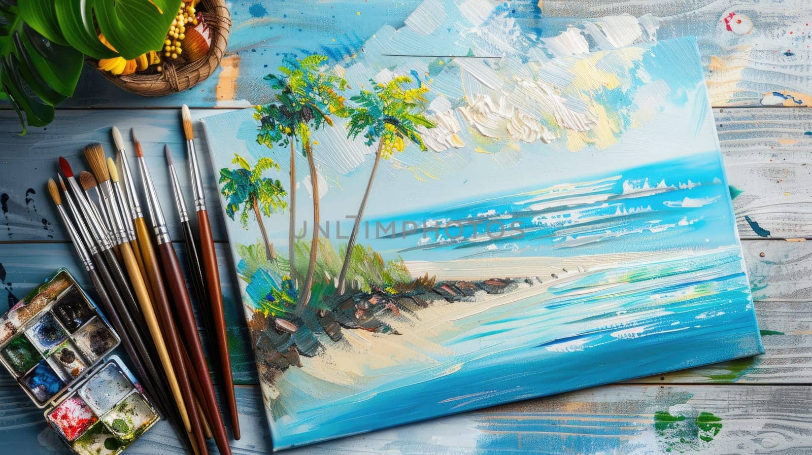 An art painting of a serene beach scene is placed on a wooden table. Brushes and paint are scattered nearby. The painting captures the beautiful sky and water AIG50