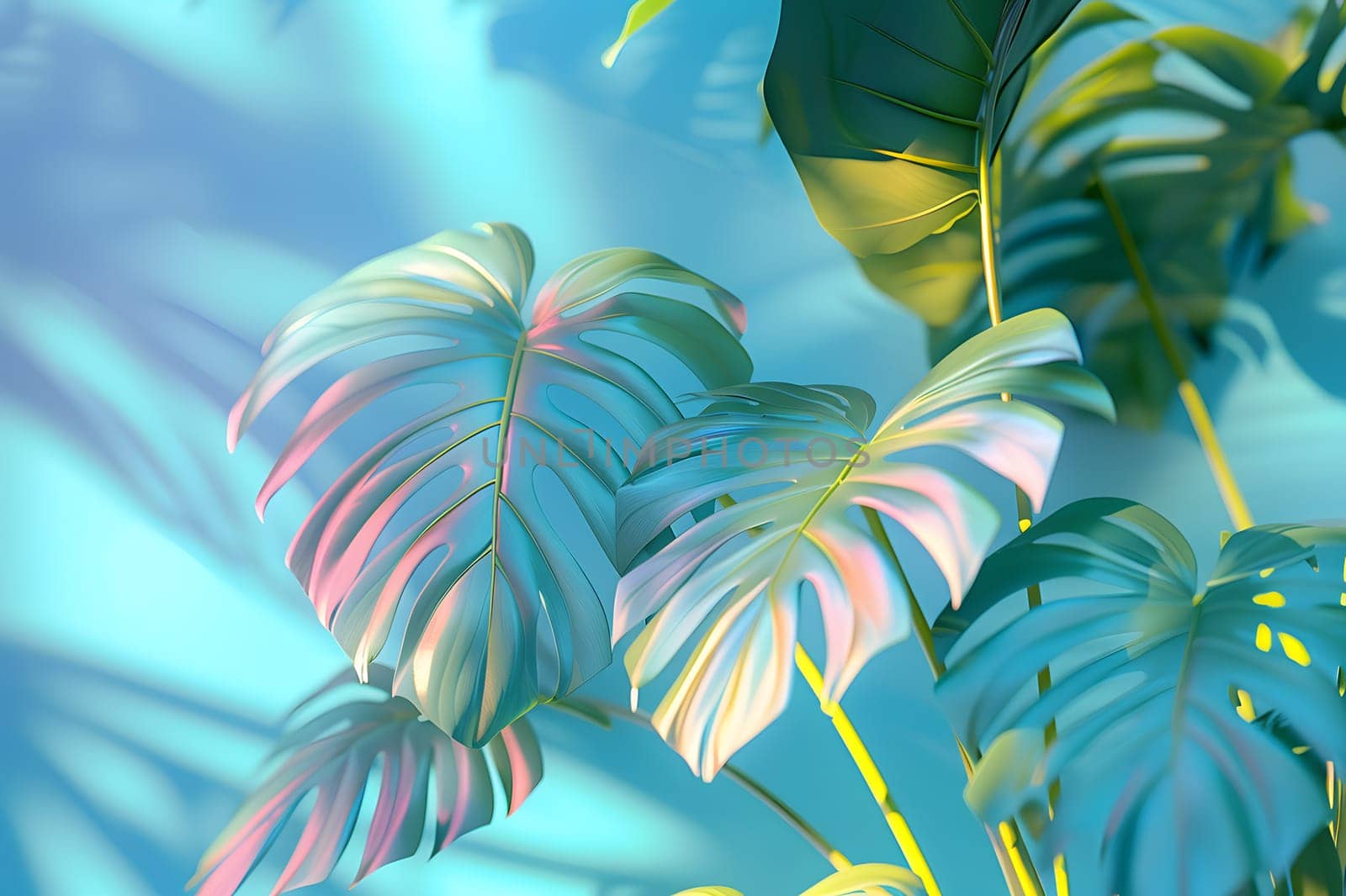 A close up image of a terrestrial plant with colorful leaves and branches on an azure background, resembling a tropical tree. The vivid hues pop against the blue backdrop