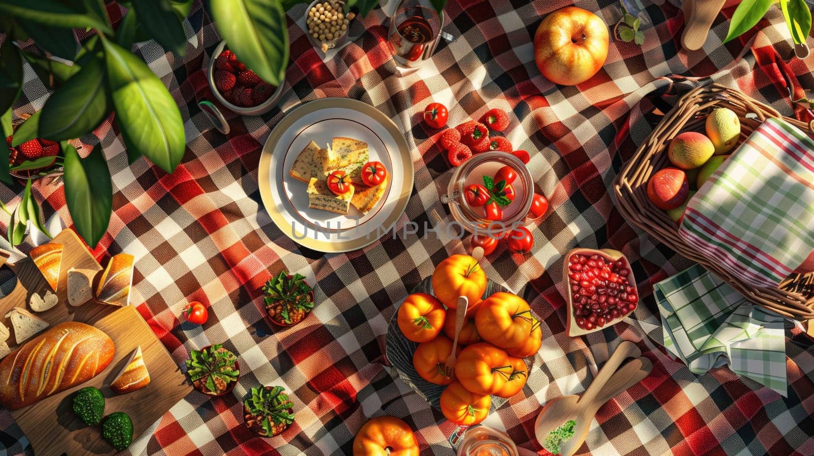 A picnic spread with tableware, fruit, and flowers on a plaid blanket. Enjoy natural foods, vegetable dishes, and a beautiful outdoor event AIG50