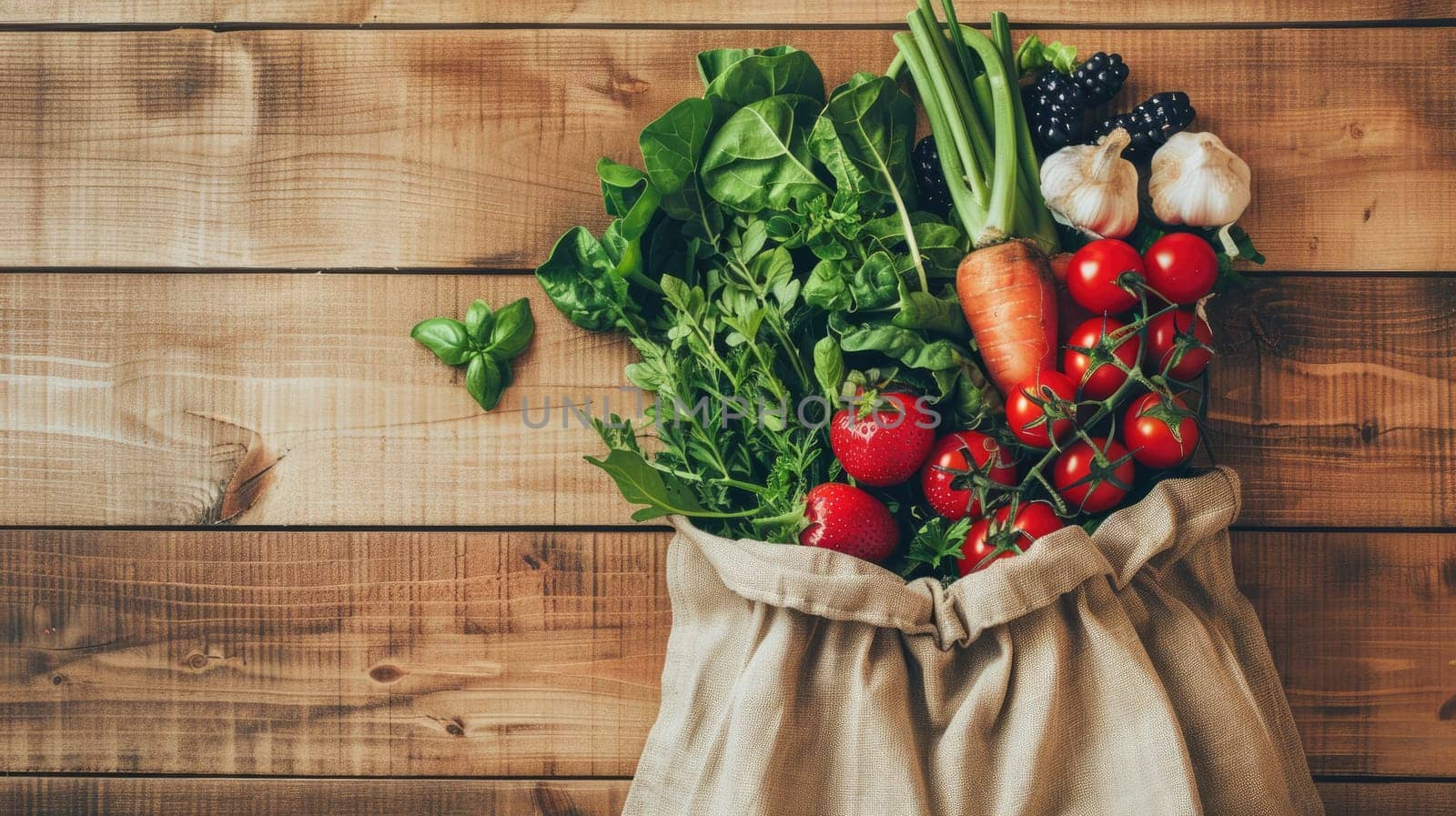 A bag of leaf vegetables, a natural food ingredient full of nutrients, is placed on a rectangular wooden table in preparation for a healthy recipe AIG50