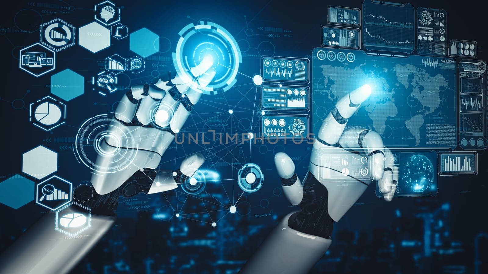 MLP 3D rendering artificial intelligence AI research of droid robot and cyborg development for future of people living. Digital data mining and machine learning technology design for computer brain.