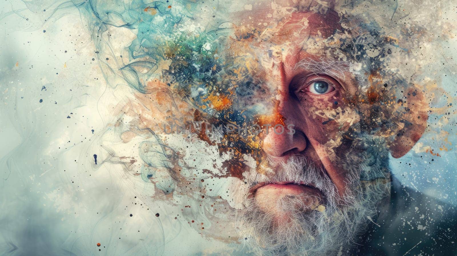 A portrait of realistic painting of middle aged man with wrinkled face and was painted with watercolor. An abstract image of old people face with paint brush. Modern impressionist art concept. AIG42.