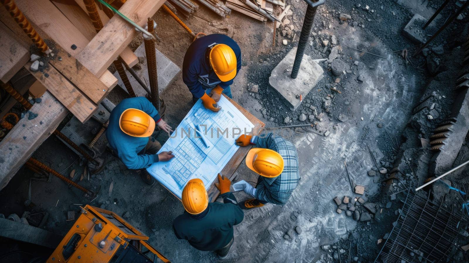 Construction workers examining a blueprint amidst the scenic landscape, with water and art enhancing the building's architecture. AIG41