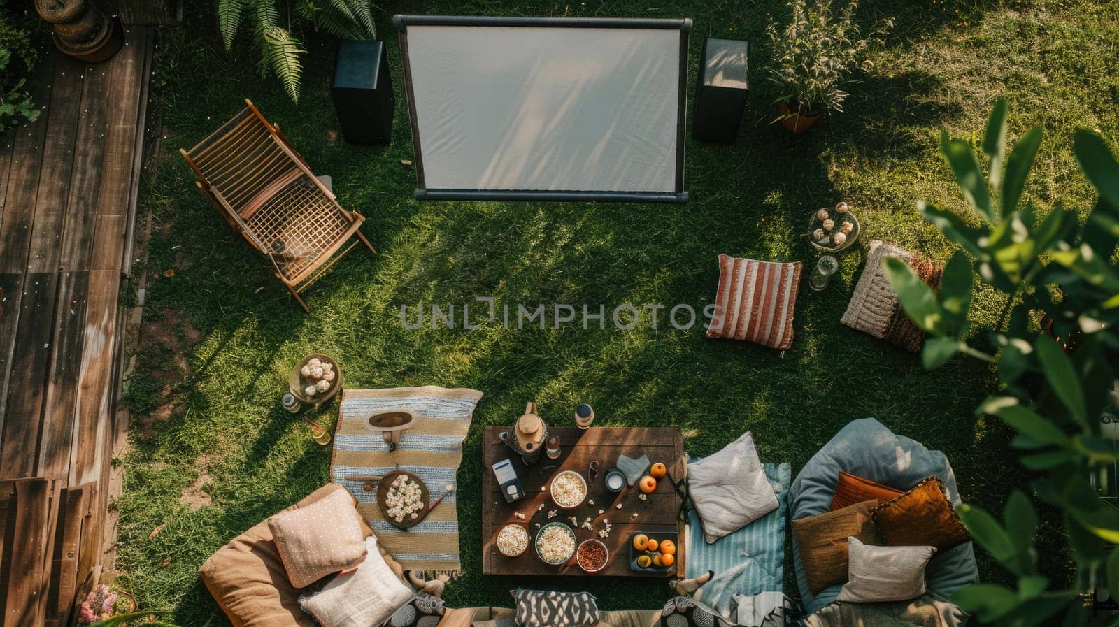 A picnic blanket is spread out on a vibrant green lawn surrounded by tall trees, shrubs, and colorful flowers, creating a picturesque tableau for a relaxing outdoor event AIG50