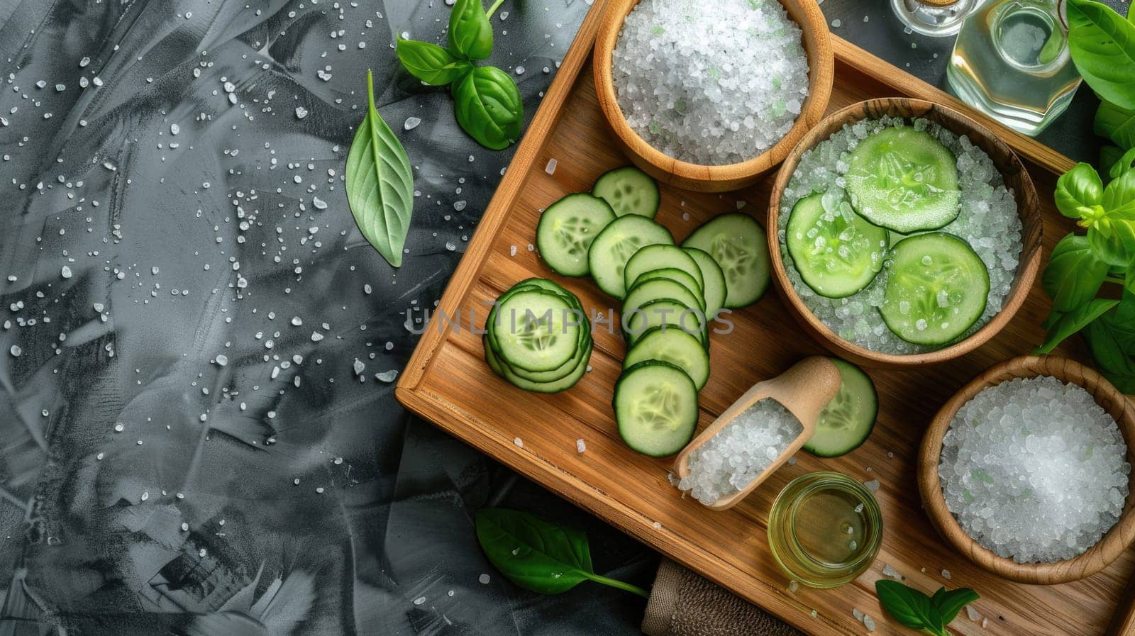 A wooden tray showcasing bowls of lemons, cucumbers, salt, and essential oils, perfect for adding flavor and freshness to dishes. A display of colorful produce and ingredients for a delicious recipe AIG50