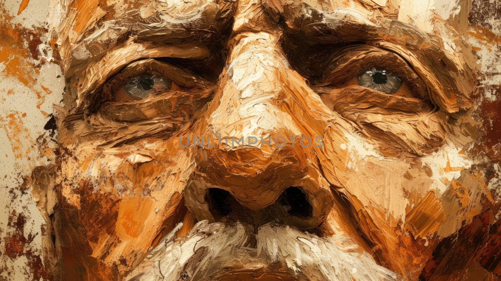 A portrait of creative realistic painting of old middle aged man with wrinkled face and was painted with brown brush. Represent emotional of upset, sorrow, unhappy. Modern impressionist art. AIG42.