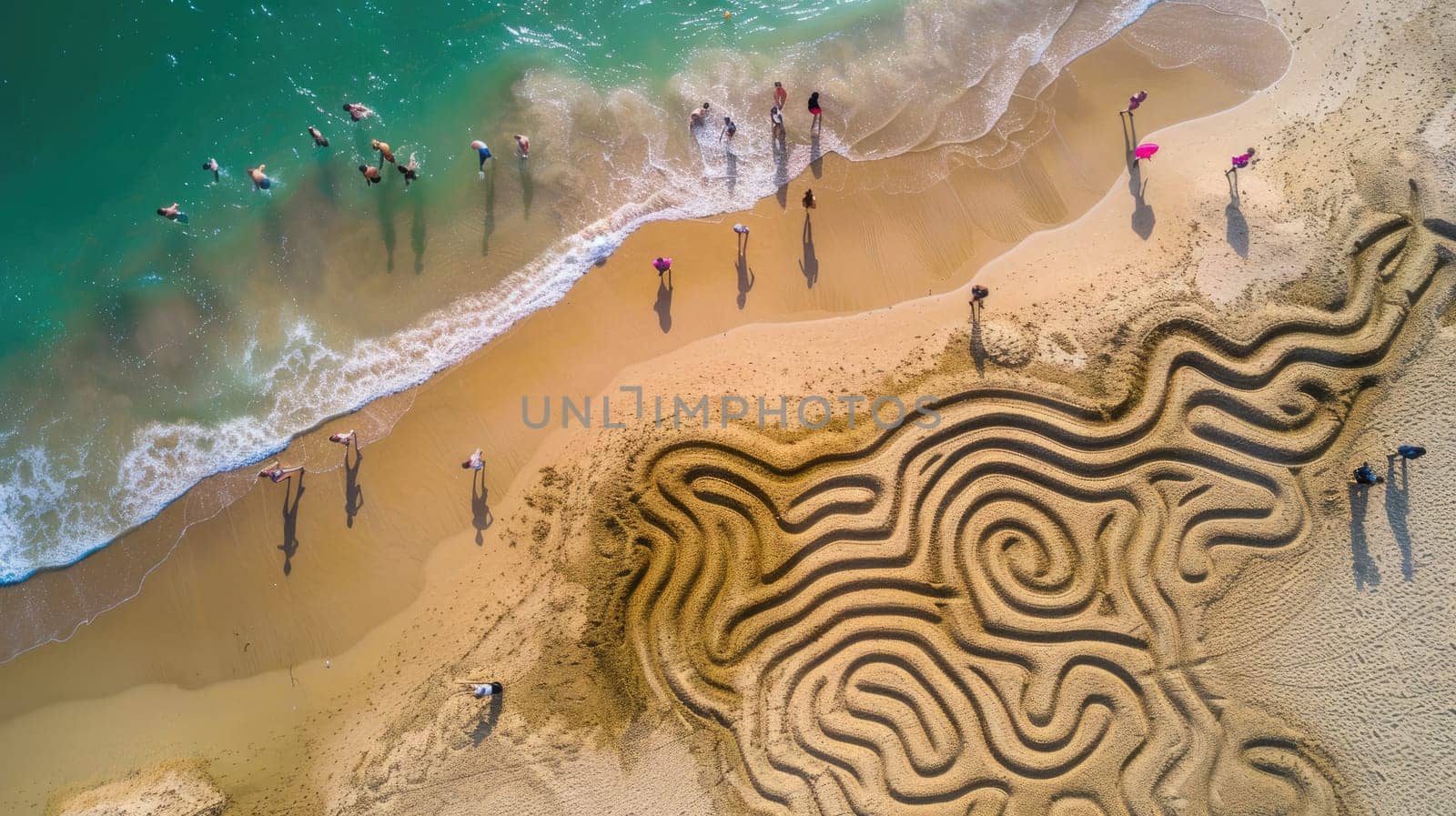 A mesmerizing sand labyrinth, created on a beach, with intricate patterns resembling a work of art. The aerial view captures the harmonious blend of natural materials and landscape AIG50