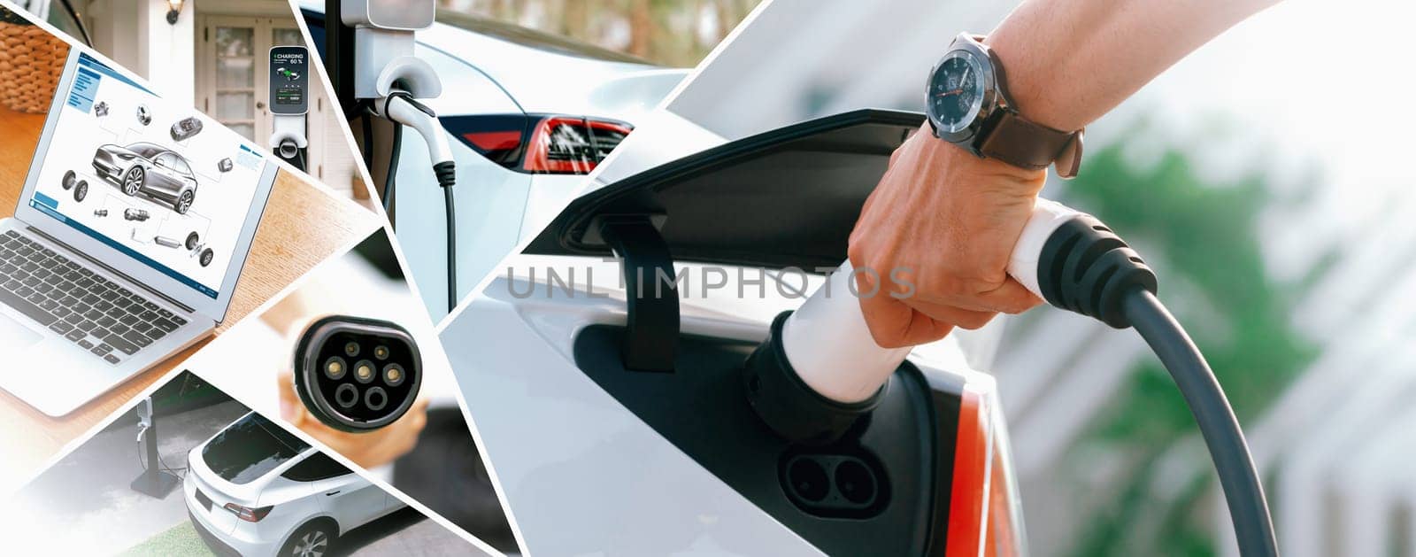 EV electric car vehicle charging and sustainable LCA green energy technology presented in panoramic banner photo collage showing eco friendly view of electric vehicle and hybrid car for future ESG