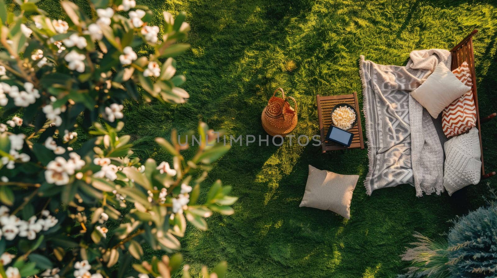 A picnic blanket is spread out on a vibrant green lawn surrounded by tall trees, shrubs, and colorful flowers, creating a picturesque tableau for a relaxing outdoor event AIG50