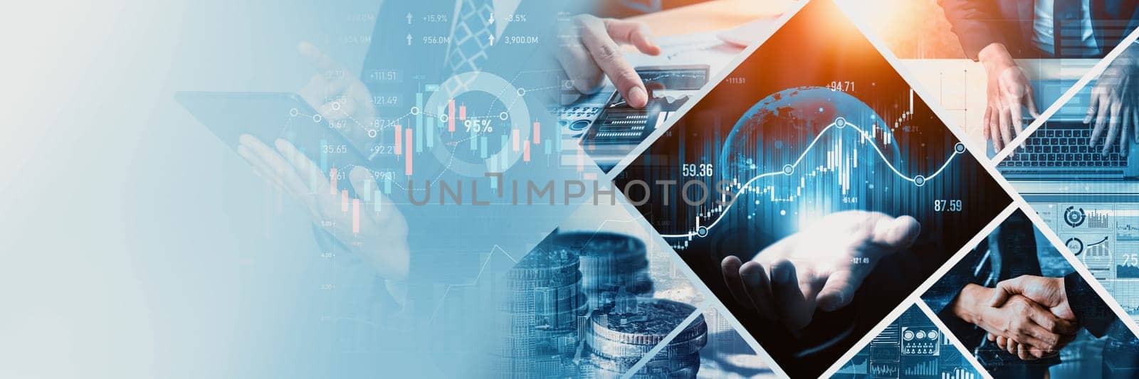Futuristic business digital financial data technology concept for future big data analytic and business intelligence research for businessman analyst invest decisions making panoramic banner kudos