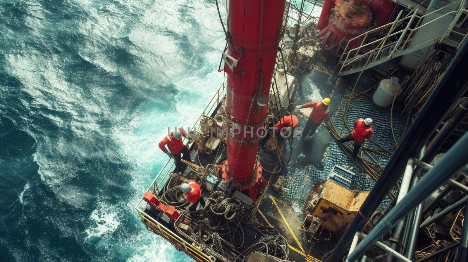 The naval architecture of an oil rig floating in the vast ocean, surrounded by water and sky, showcases engineering marvel amidst fluid and liquid environment. AIG41