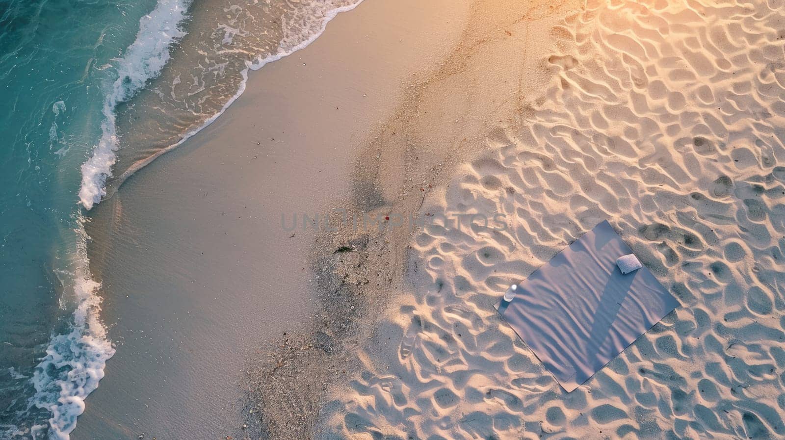An aerial view of a sandy beach with trees lining the shore and a reflective mirror reflecting the water. The scene combines urban design with natural landscape, creating a leisurely feel AIG50
