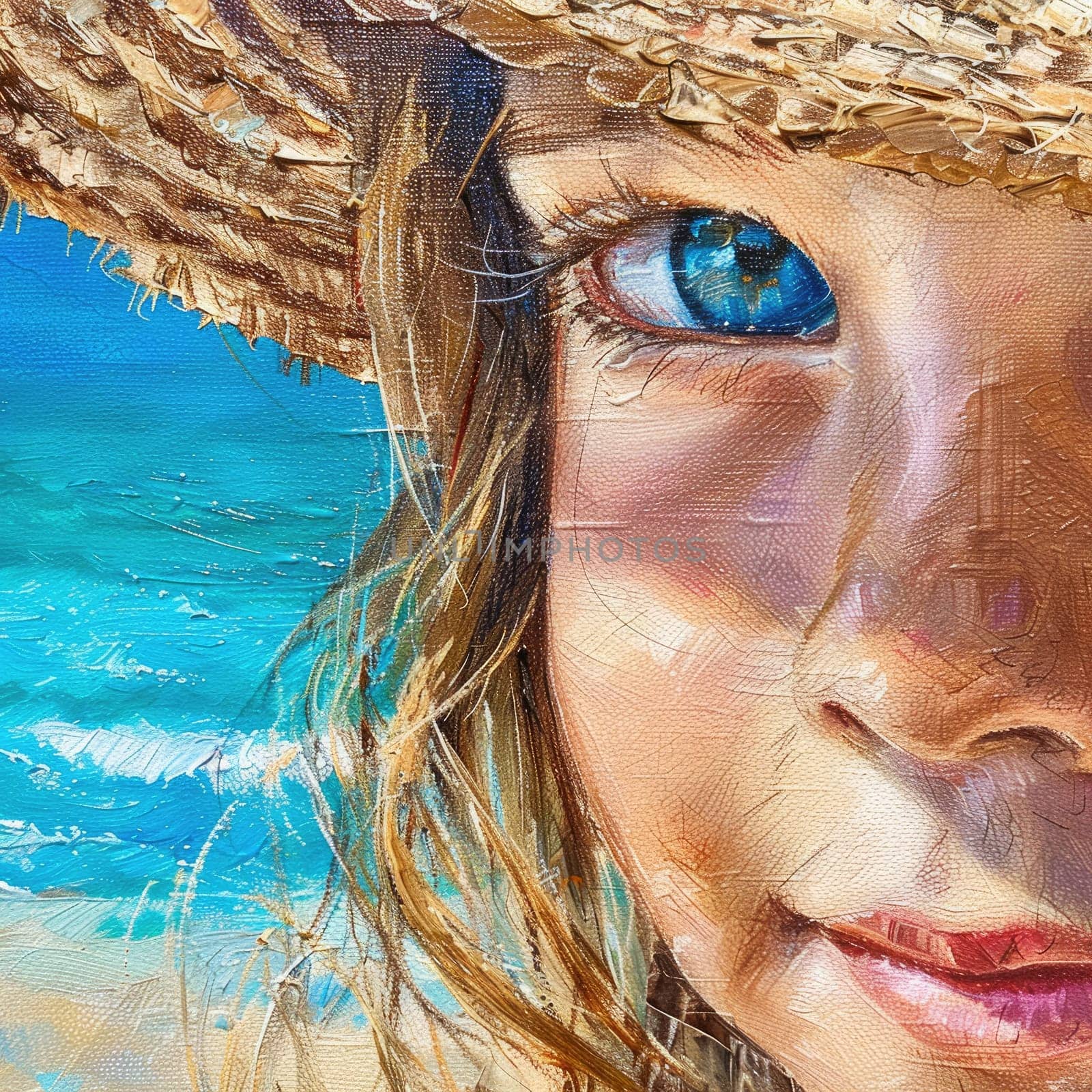 An art painting depicting a young girl with a bright orange hat at the beach, showcasing delicate features like her nose, lips, chin, eyebrows, and eyelashes AIG50