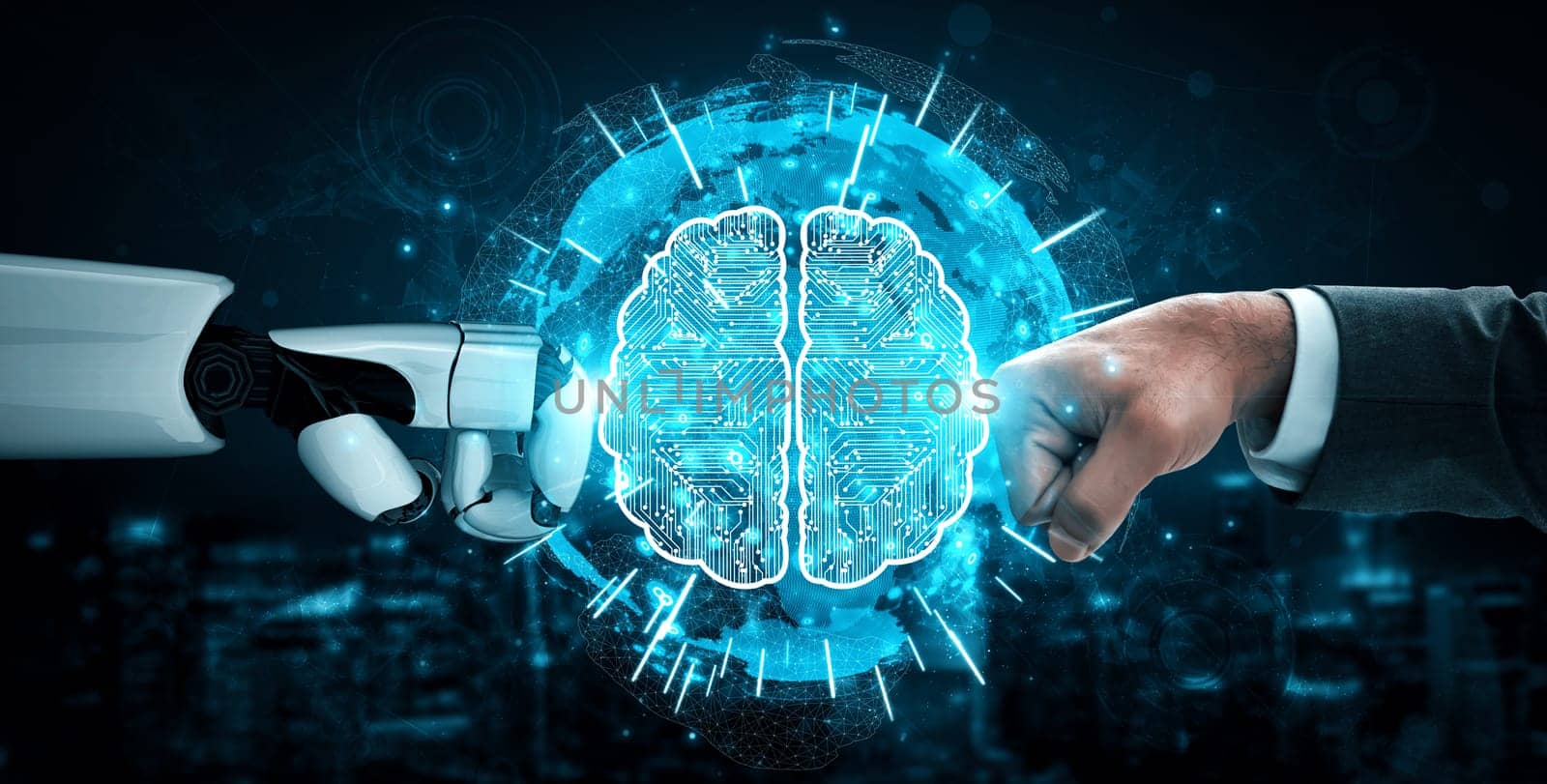 MLP 3D rendering artificial intelligence AI research of robot and cyborg development for future of people living. Digital data mining and machine learning technology design for computer brain.
