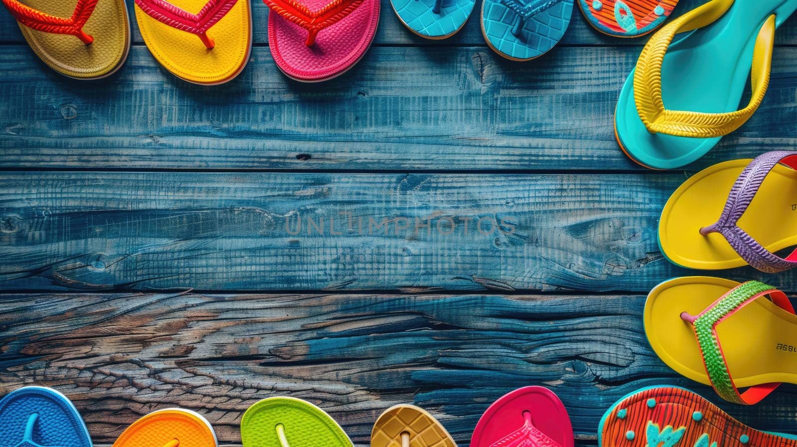A colorful array of flip flops displayed on a rustic wooden table. The electric blue and magenta hues create an eyecatching pattern, perfect for a summer event snapshot AIG50