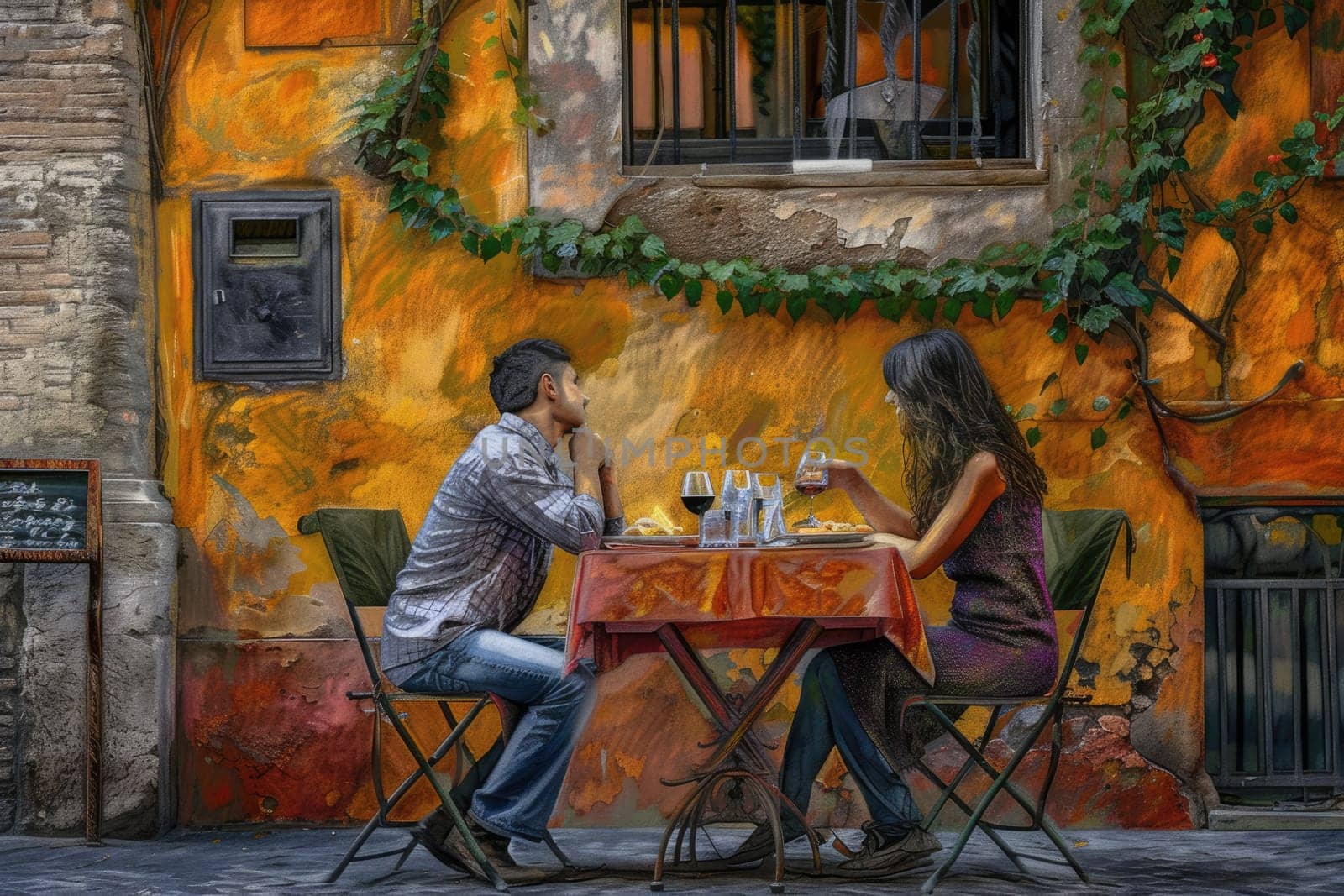 Couple of tourist spending time together while sitting at outside of restaurant decorated with orange brick wall as background. Cute lover talking to each other and enjoy eating in lunch time. AIG42.