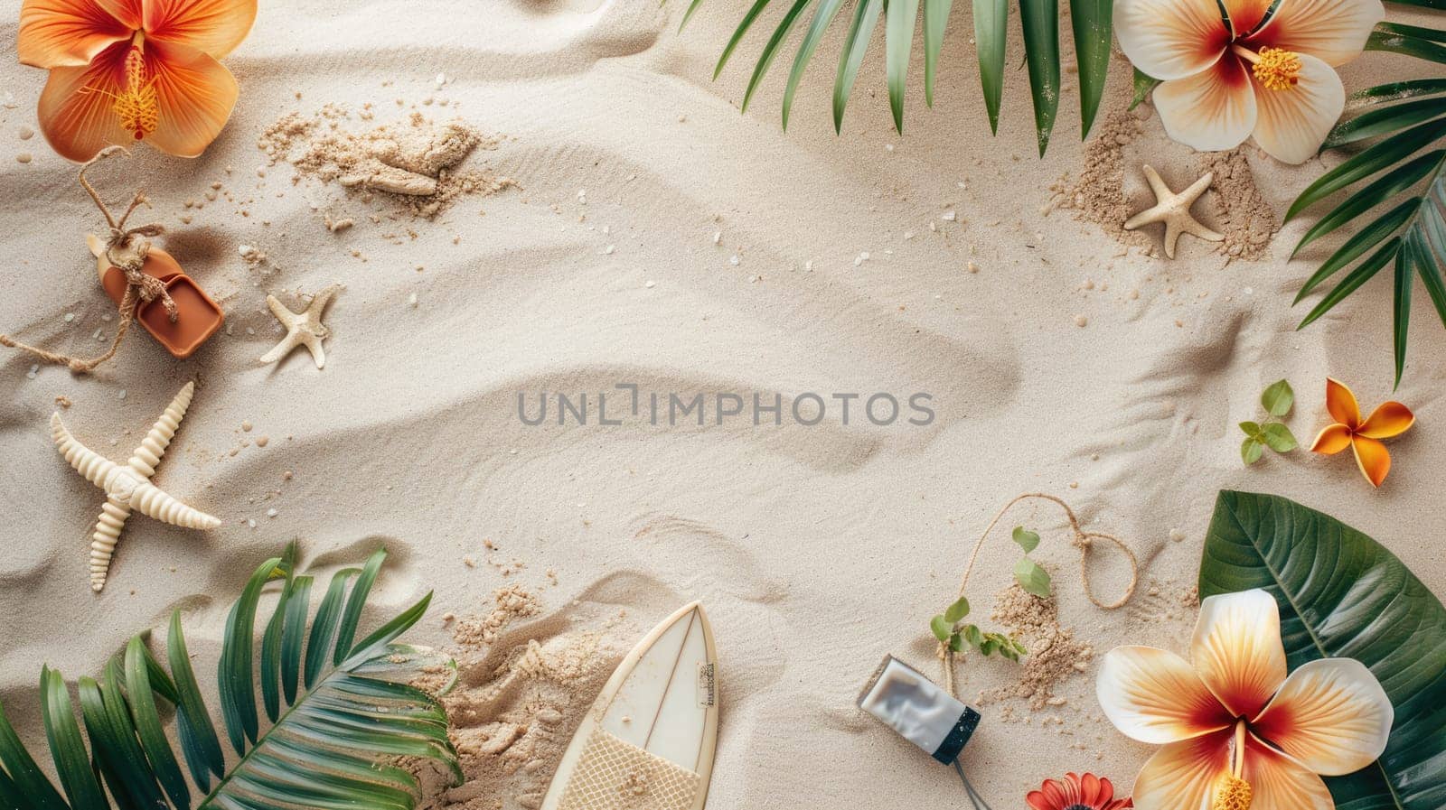 A surfboard rests on a sandy beach, adorned with tropical leaves and flowers. The scene resembles a picture frame of natural art, with vibrant petals and lush greenery AIG50