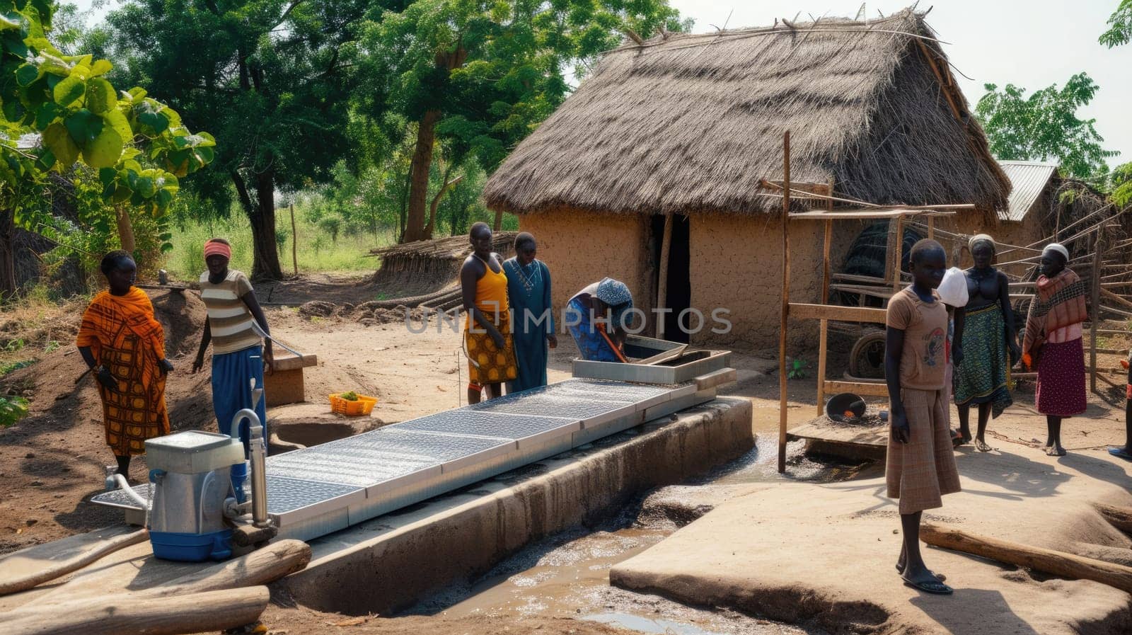 A woman stands in front of a quaint house in a village, surrounded by lush green grass and a serene landscape with trees and a clear sky above. AIG41