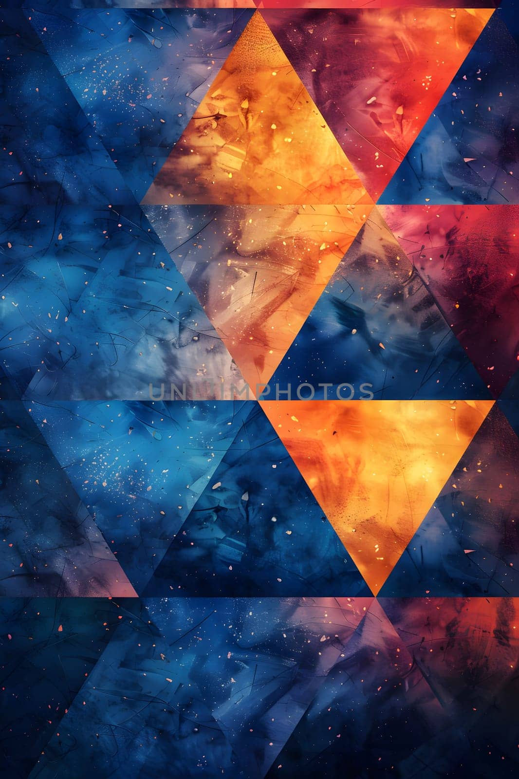A vibrant geometric pattern featuring triangles in various tints and shades of azure and electric blue on a dark background, reminiscent of a flag waving in the sky, creating a bold artful design