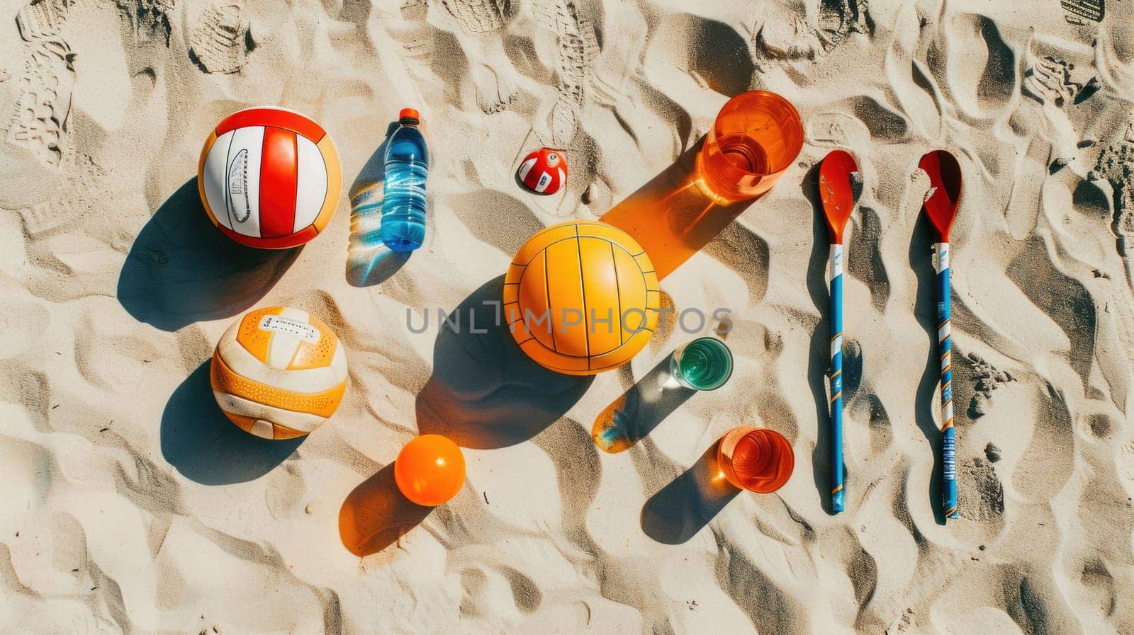 A row of glass bottles, azure balls, and paddles lay scattered on the sandy beach, creating a beautiful art display in harmony with the natural environment AIG50