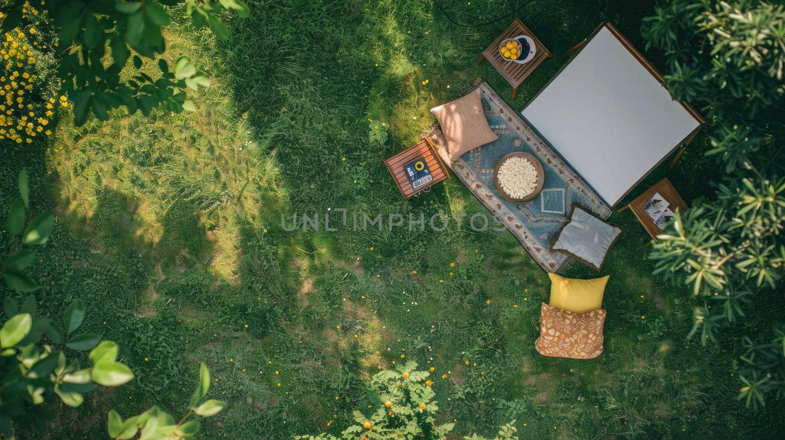A picnic blanket is spread out on a vibrant green lawn surrounded by tall trees, shrubs, and colorful flowers, creating a picturesque tableau for a relaxing outdoor event AIG50