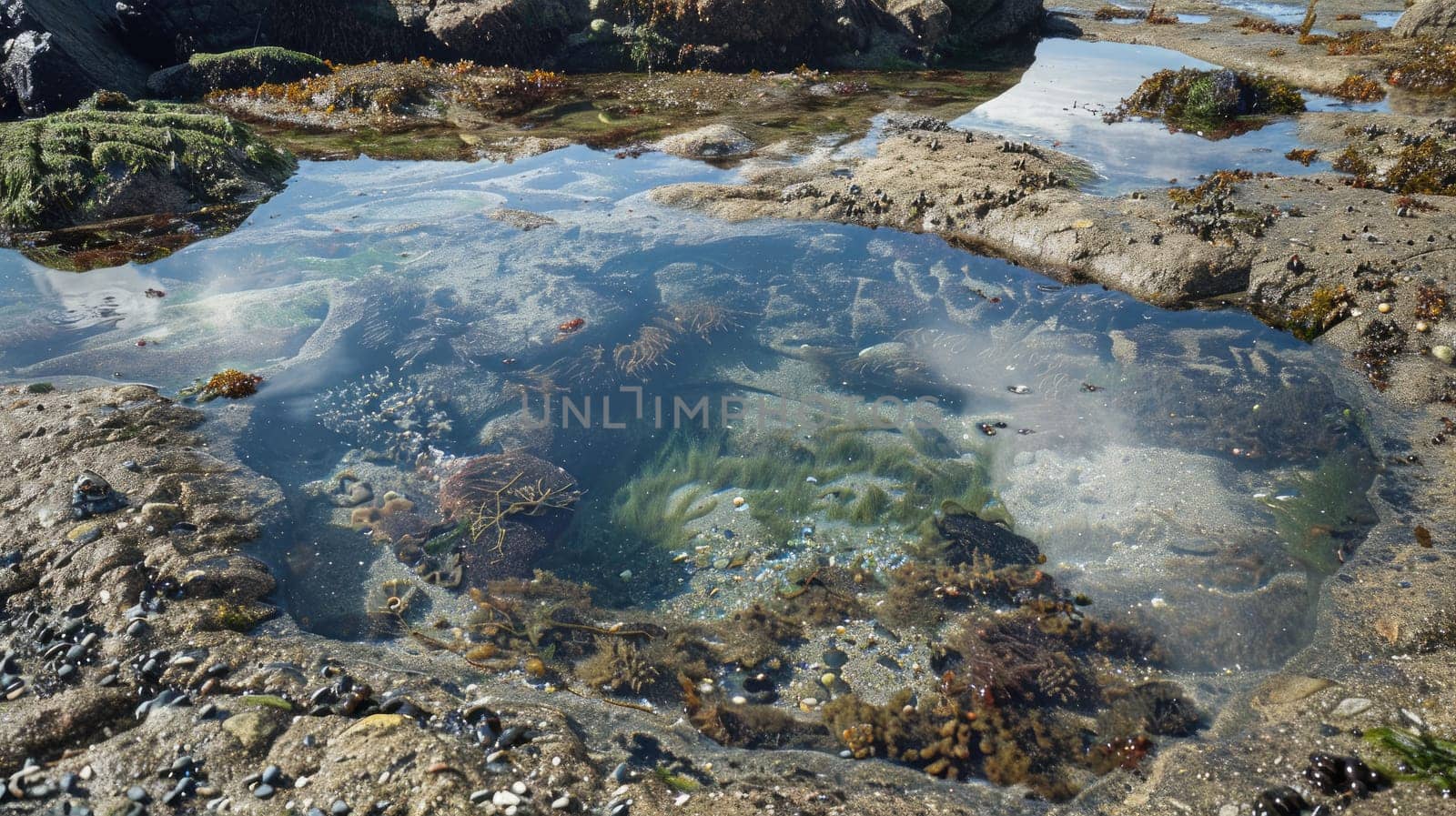 A picturesque natural landscape featuring a body of water surrounded by rocks and mountains, with a clear blue sky and fluffy clouds reflecting in the calm water AIG50