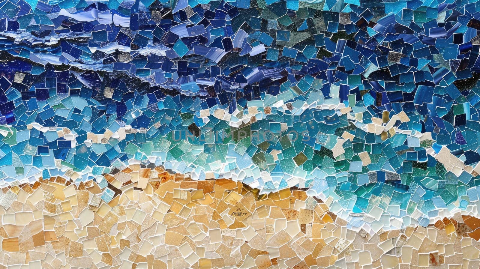 A stunning mosaic painting depicting the beauty of nature with seashells and starfish on a beach. The artwork captures the essence of the natural world in electric blue hues AIG50