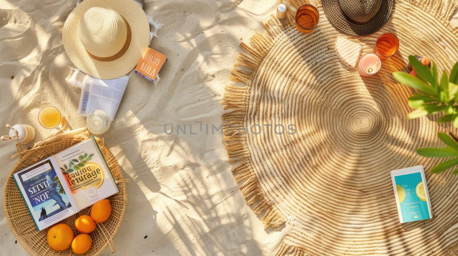 Aqua picnic blanket with an azure round table surrounded by green pillows and a magenta patterned circle. An artistic and electric blue design for a cozy outdoor gathering with a touch of nature AIG50