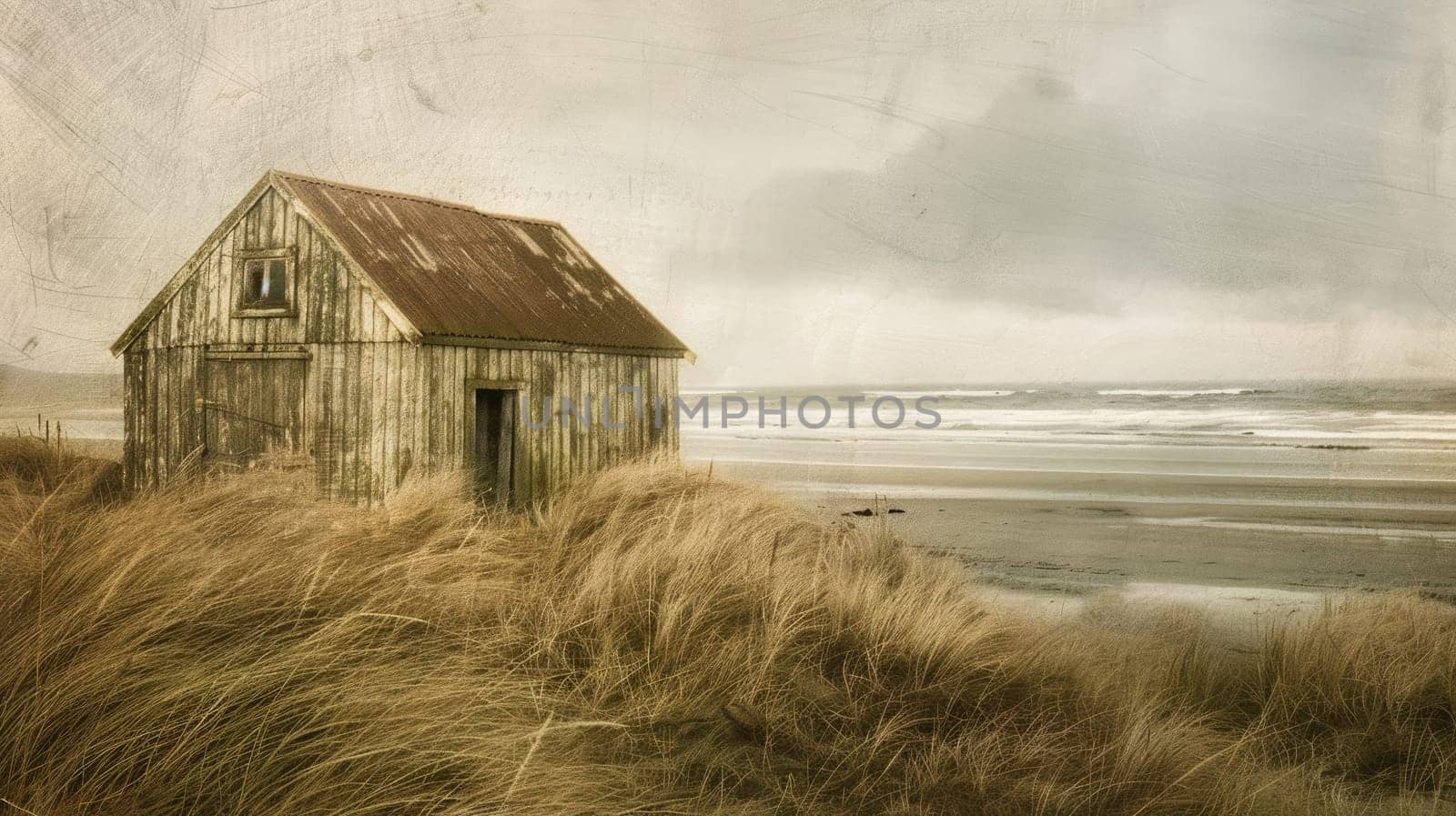 A small wooden house stands on a beach by the ocean under a cloudy sky, blending into the natural landscape with its rustic facade AIG50