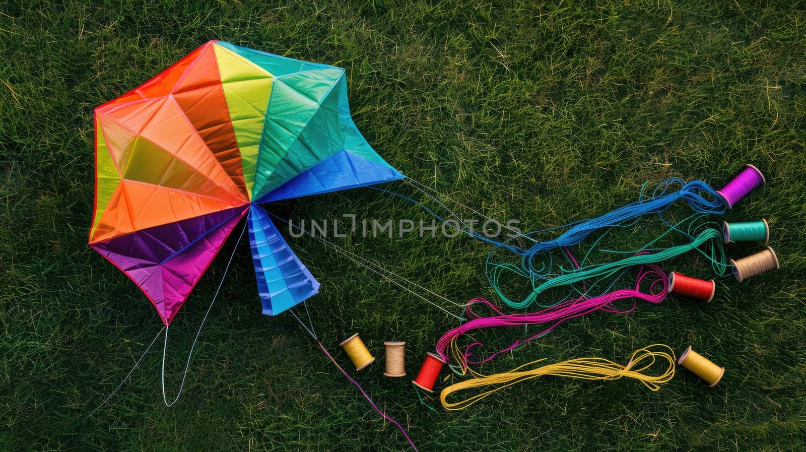 A collection of triangular kites resting on the vibrant grass in a picturesque landscape. A leisure event filled with fun and art in the lush grassland AIG50