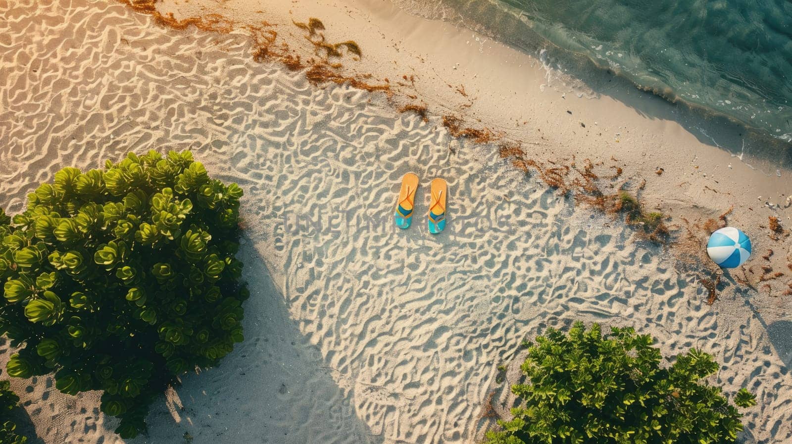 A natural landscape with palm trees, sandy beach, and volleyball under the blue sky viewed from above AIG50