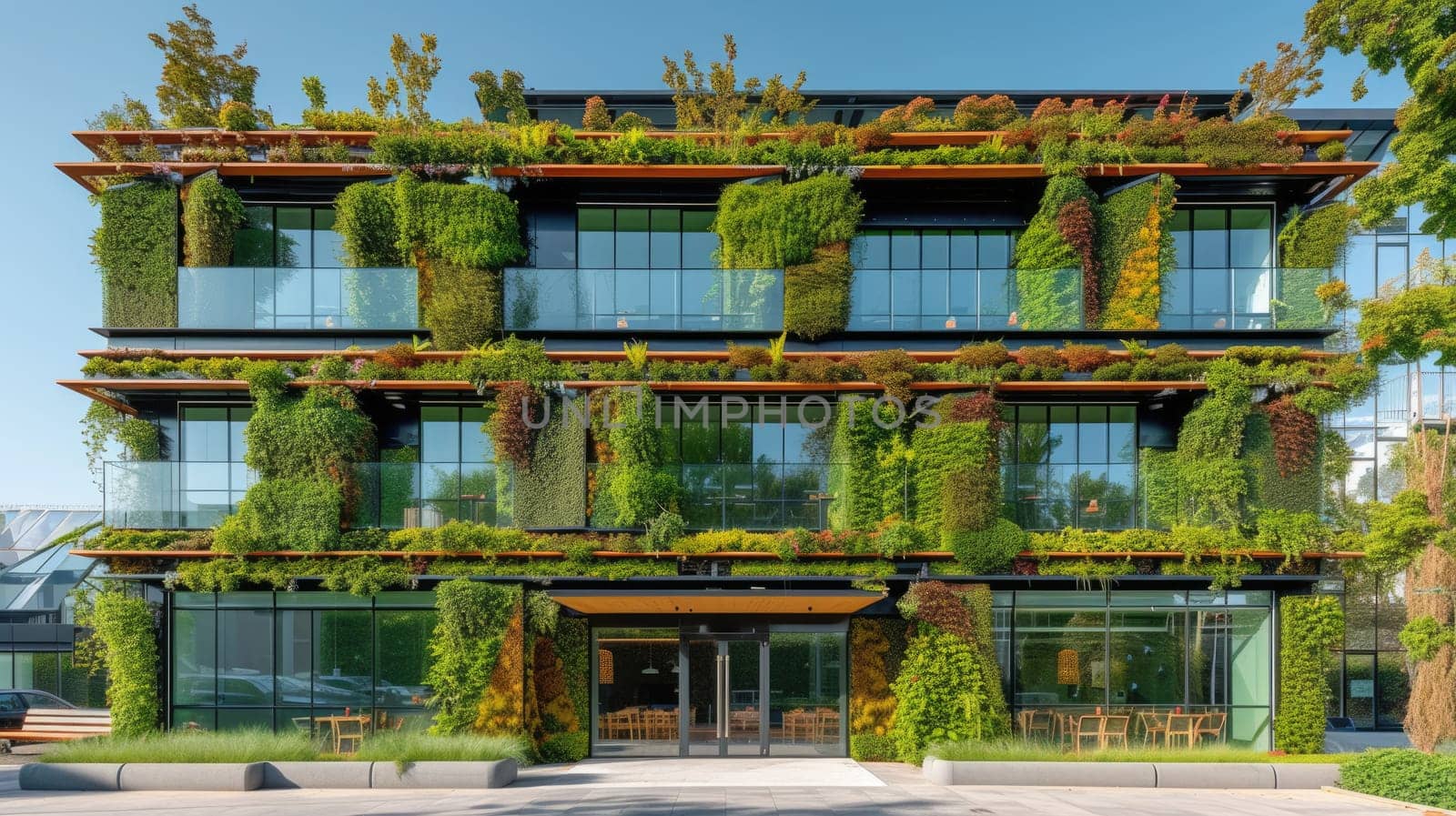 A contemporary office building featuring lush vertical gardens and eco-friendly architecture under a clear blue sky. AIG41