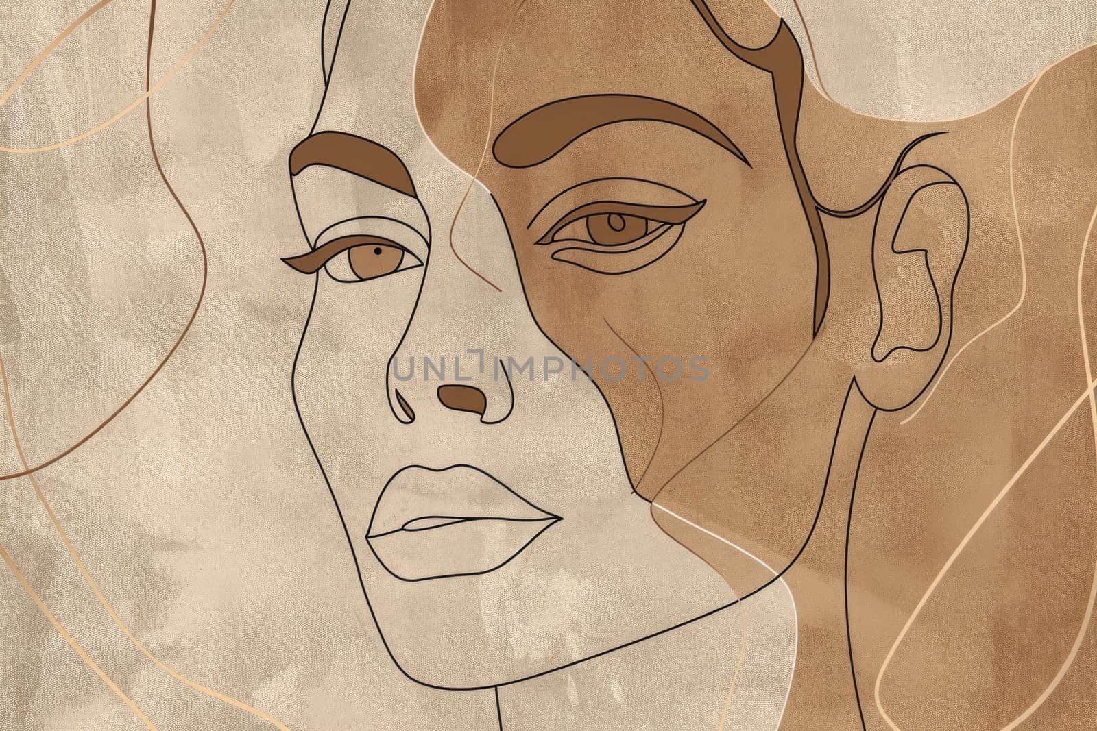 A portrait of young beautiful woman with background. Fashionable lady face with elegance lips with retro colors. Drawing minimalist line art concept. Represented with feminism, beauty, power. AIG42.