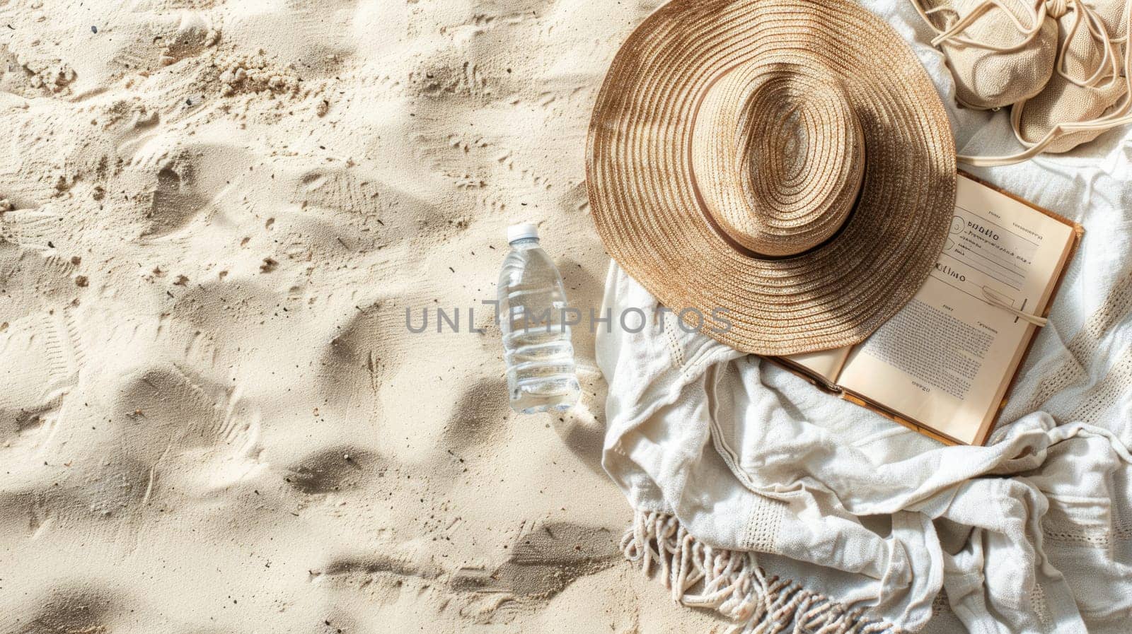 A wooden arch frames the circle of soil where a glass bottle and a fur hat lay on the sandy beach, an eyelash caught on the bottle like a delicate event unfolding AIG50