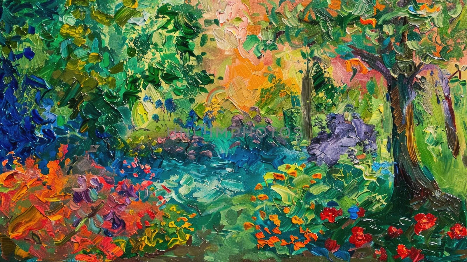 A vibrant abstract painting with a rainbow of colors, including purple, magenta, and electric blue. The artwork depicts a natural landscape with grass and plants, creating a mesmerizing pattern AIG50