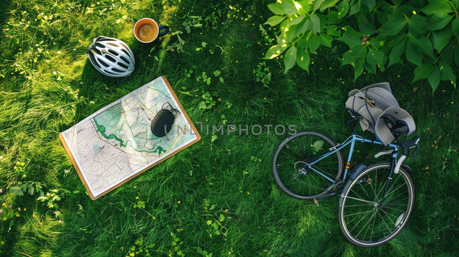 A bicycle, helmet, and map are scattered in the grass, surrounded by the peaceful sounds of nature. A wheel and tire peek out from beneath the foliage AIG50