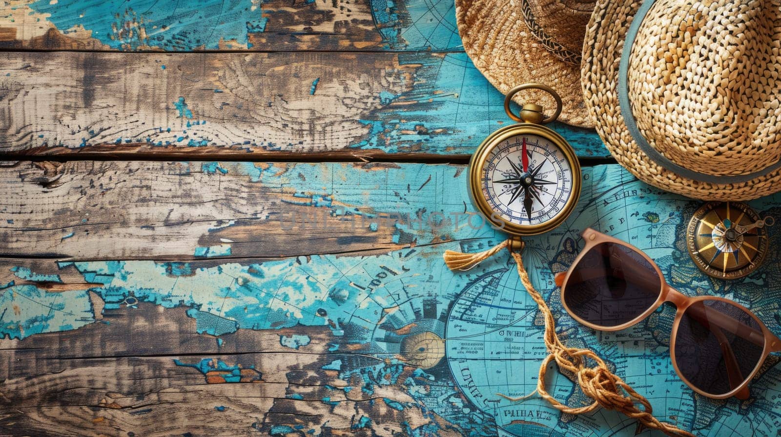 A stylish display of a hat, compass, sunglasses, and a map on a wooden table. The wood adds an artistic touch to this collection of travel essentials AIG50