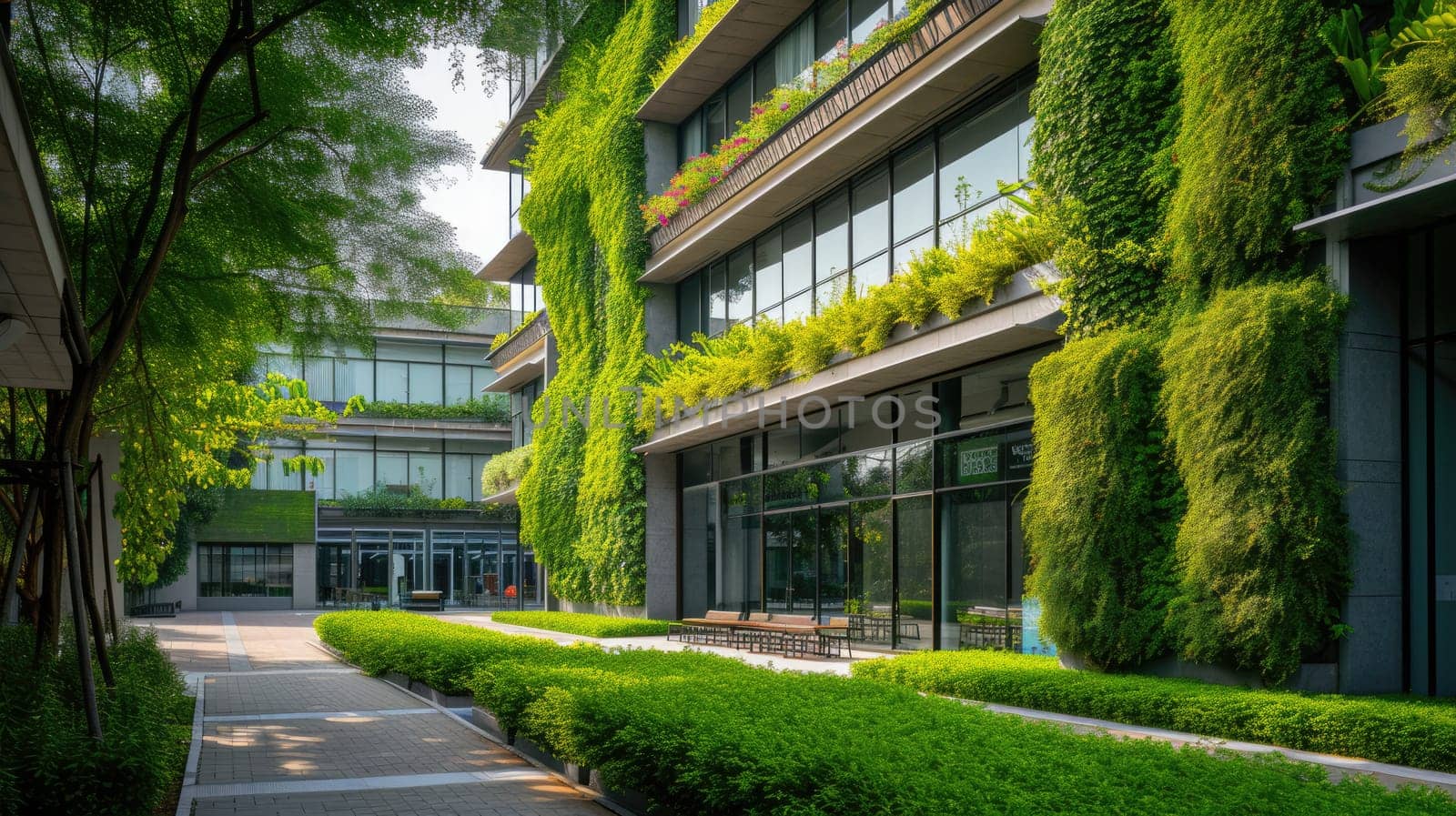 A contemporary office building featuring lush vertical gardens and eco-friendly architecture under a clear blue sky. AIG41