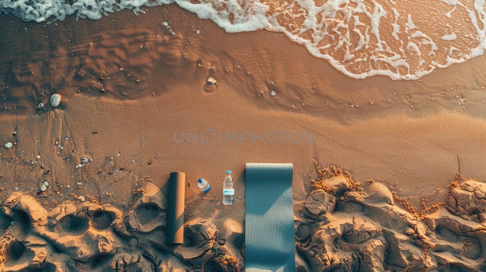 An aerial view of a sandy beach with trees lining the shore and a reflective mirror reflecting the water. The scene combines urban design with natural landscape, creating a leisurely feel AIG50