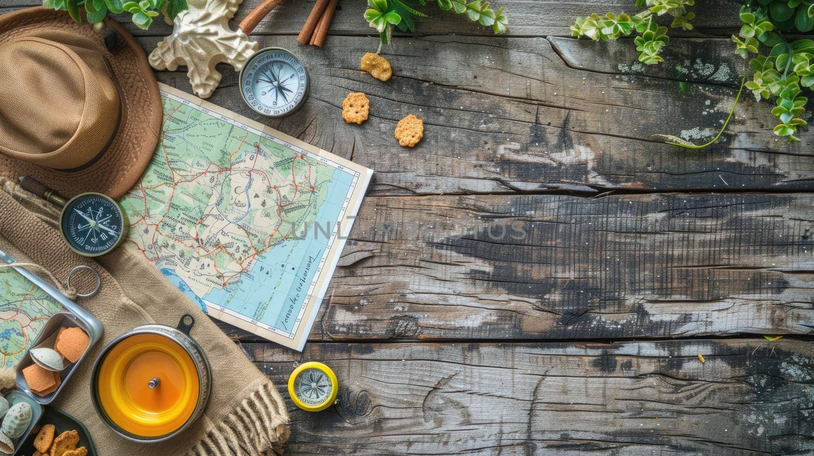 A wooden table is set with a delicious spread of food and a map, creating the perfect setting for planning a culinary road trip adventure AIG50
