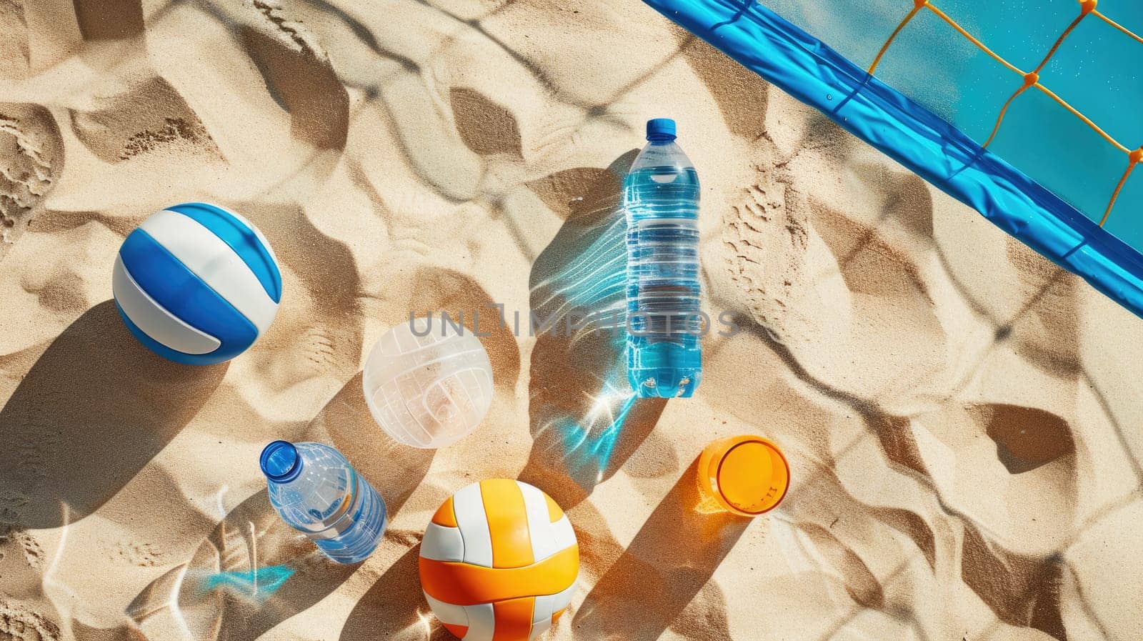 A row of glass bottles, azure balls, and paddles lay scattered on the sandy beach, creating a beautiful art display in harmony with the natural environment AIG50