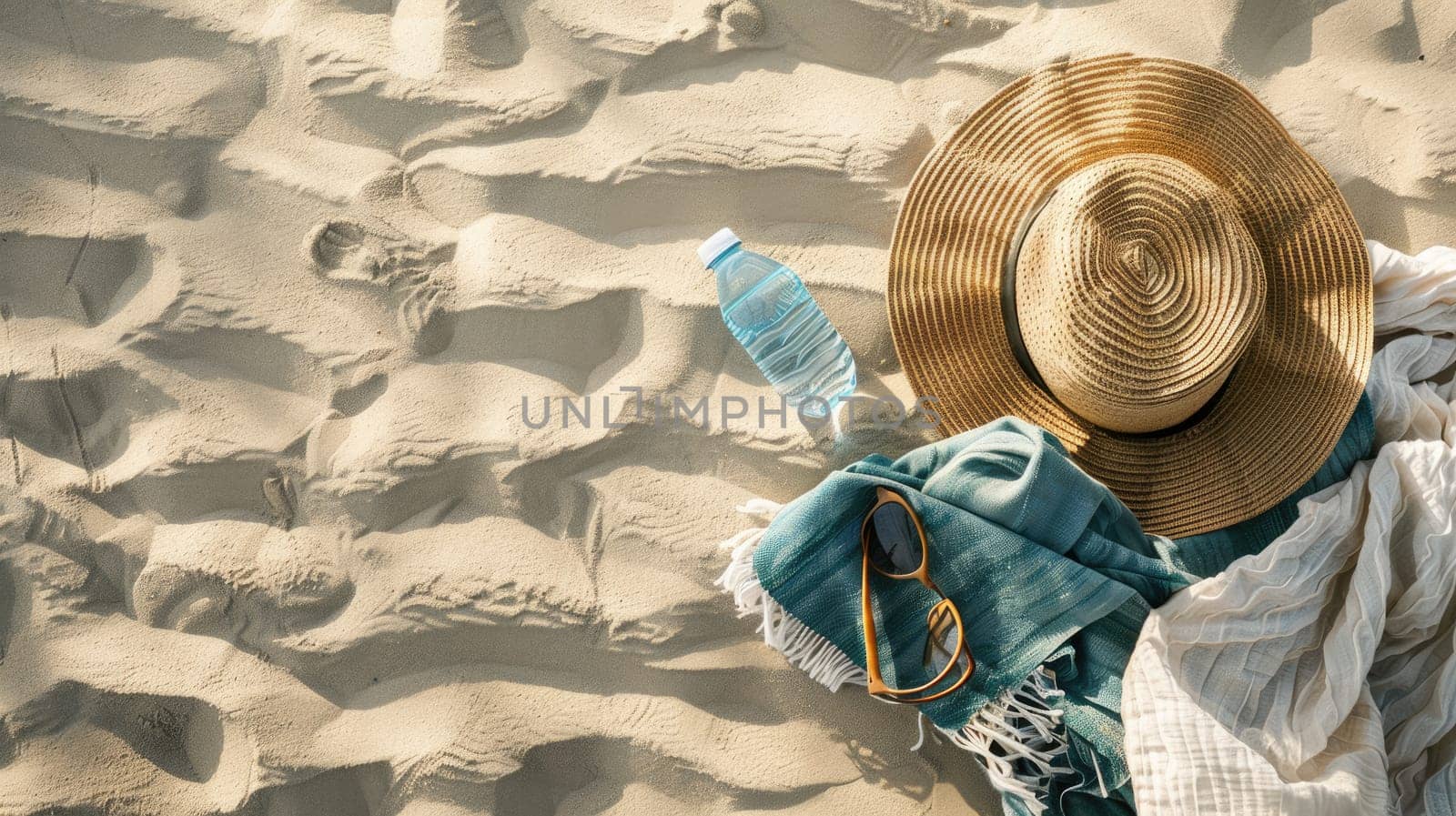 A wooden arch frames the circle of soil where a glass bottle and a fur hat lay on the sandy beach, an eyelash caught on the bottle like a delicate event unfolding AIG50