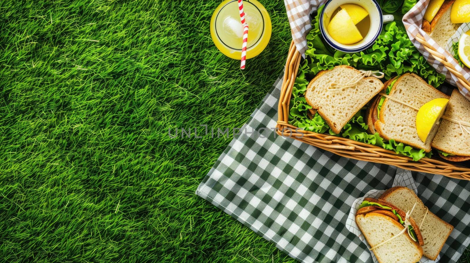 A green picnic basket filled with food items such as sandwiches, lemons, and juice placed on the grass. The ingredients are sourced from terrestrial plants and citrus fruits AIG50
