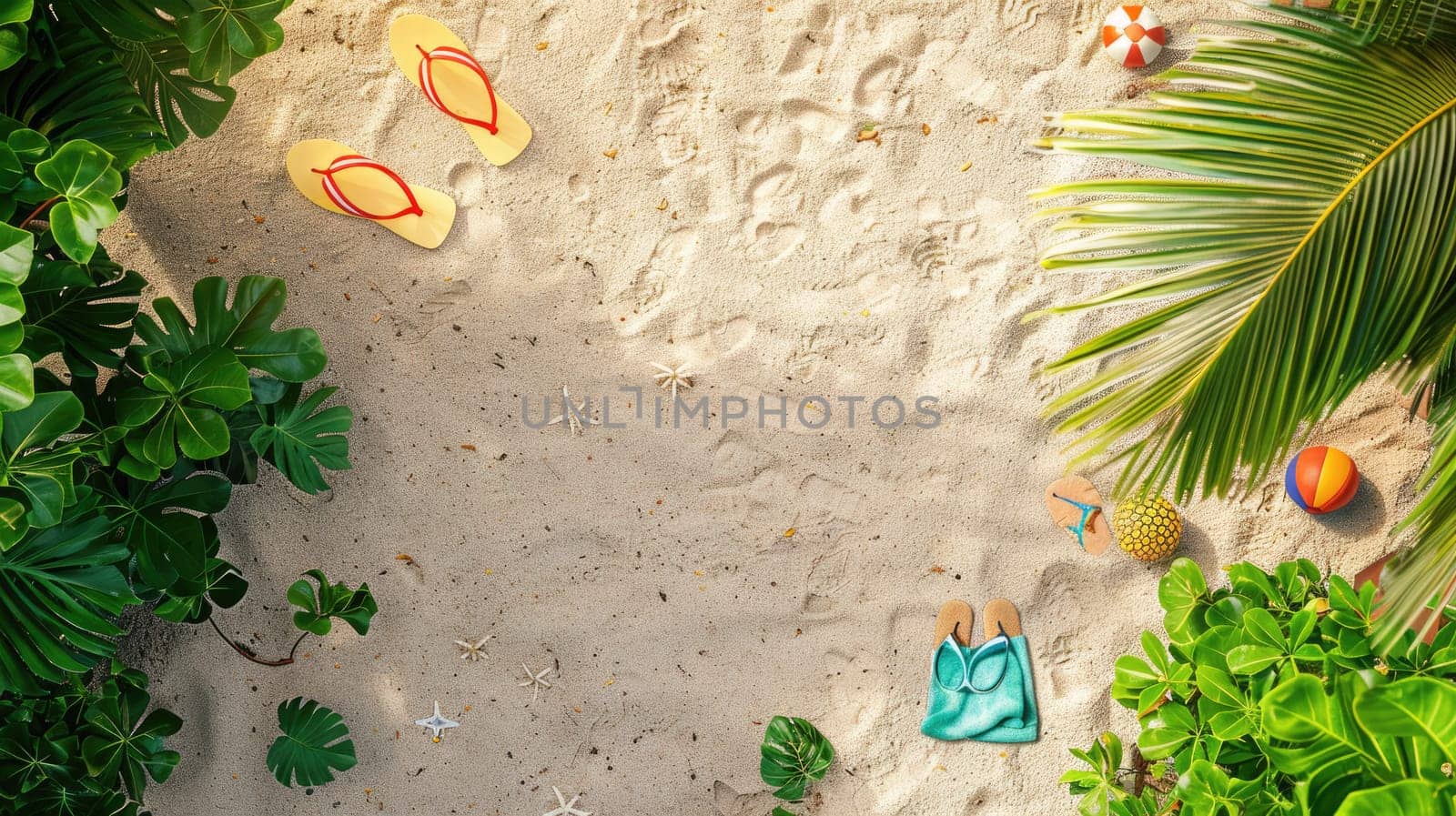 A natural landscape with palm trees, sandy beach, and volleyball under the blue sky viewed from above AIG50
