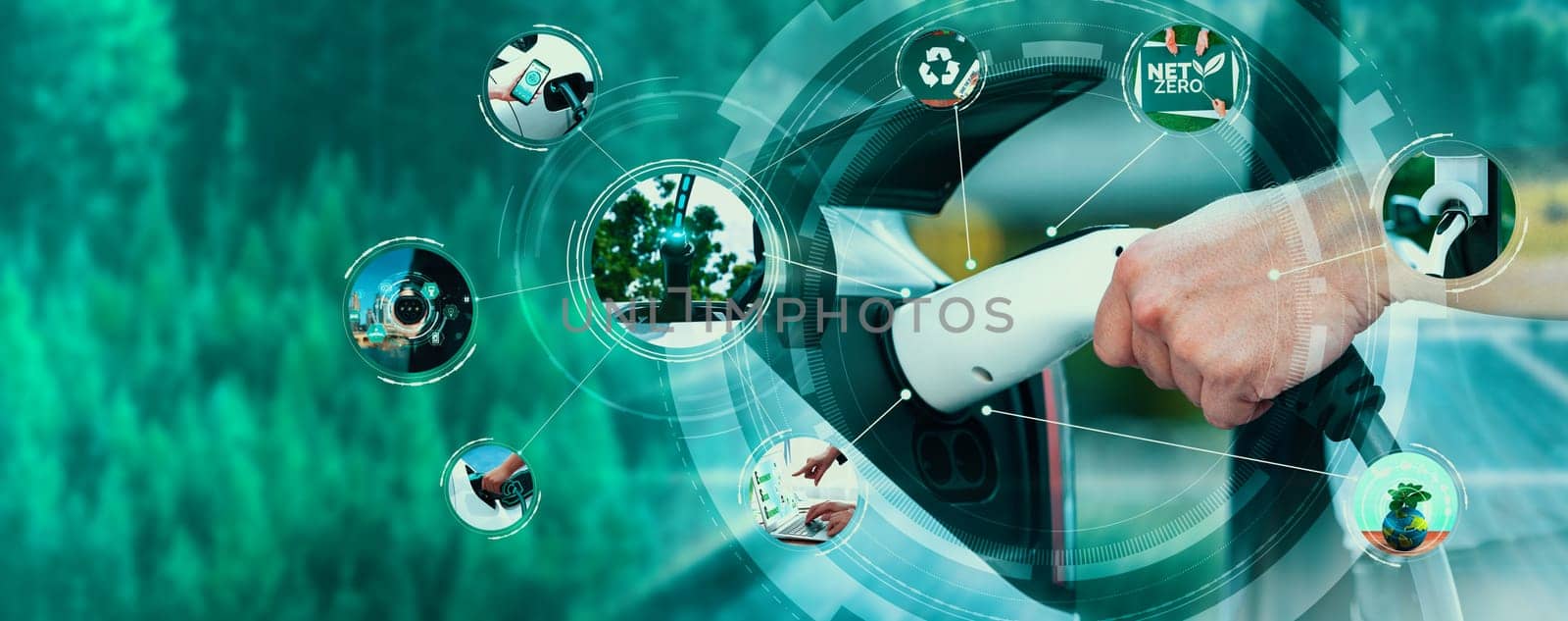 EV electric car vehicle charging and sustainable LCA green energy technology presented in panoramic banner photo collage showing eco friendly view of electric vehicle and hybrid car for future ESG