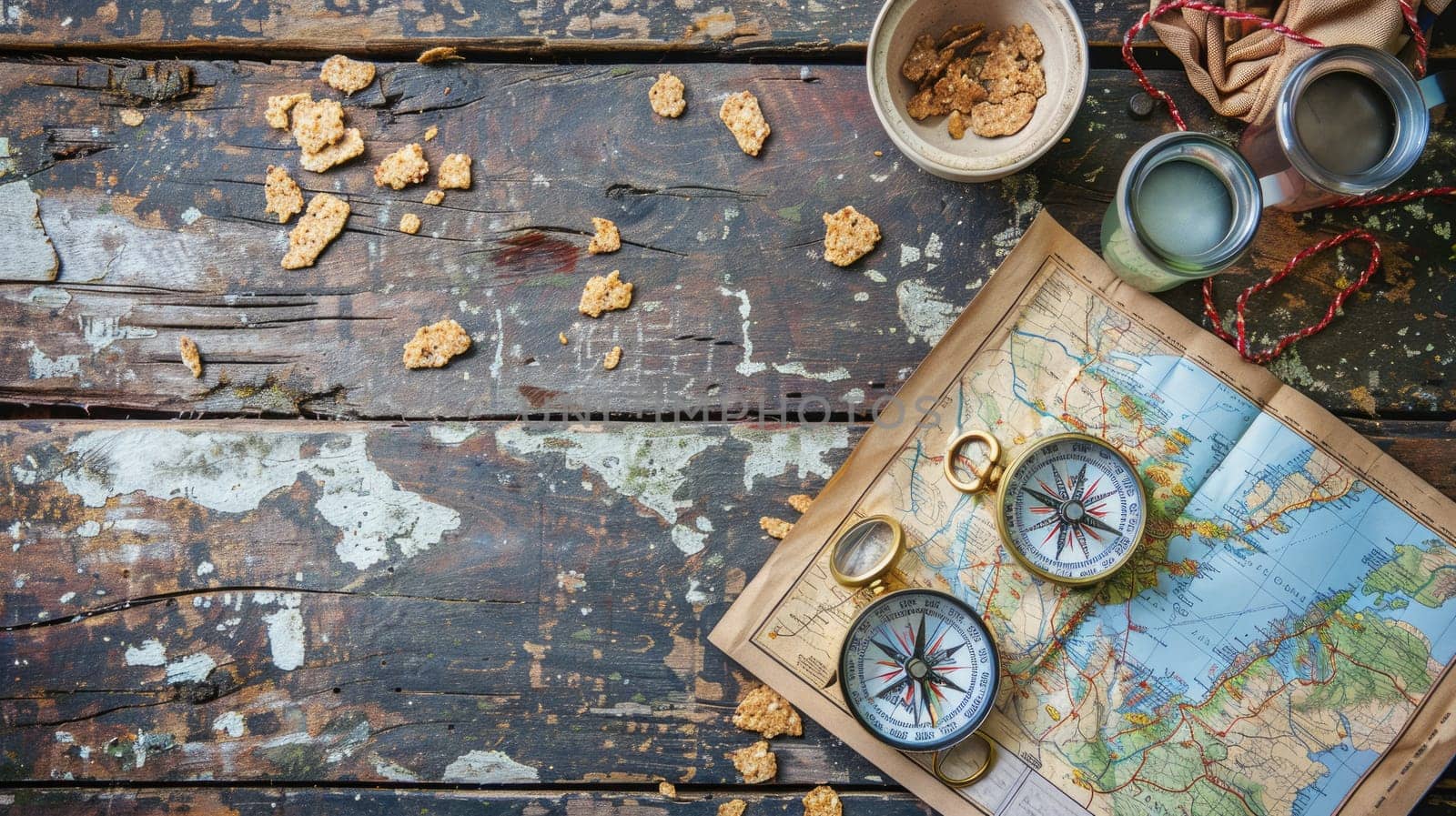 A wooden table is set with a delicious spread of food and a map, creating the perfect setting for planning a culinary road trip adventure AIG50